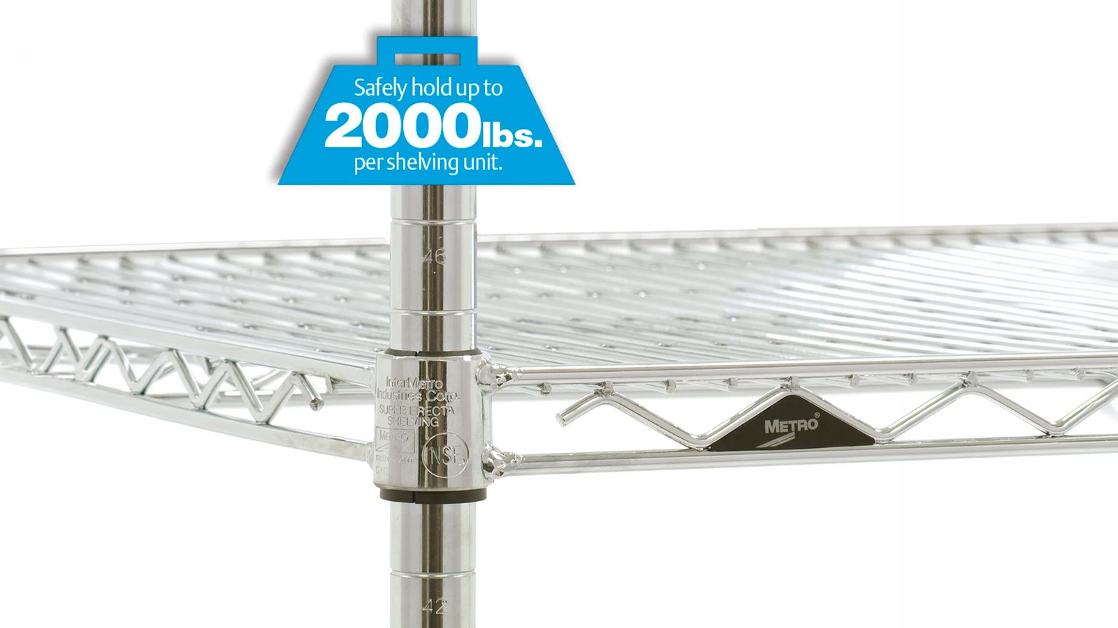מדפי רשת מחוט פלדה מצופה כרום Super Erecta של Metro עם מדפים מתכווננים