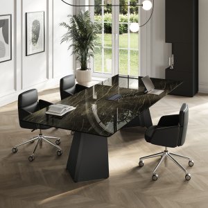 פרופיל שולחן Monolith בעיצוב Orlandini Design — משטח דק על רגלי V